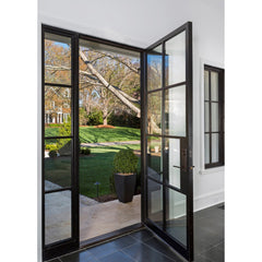 WDMA  High quality wrought iron glass door steel windows with grill design matte black steel glass windows amd doors