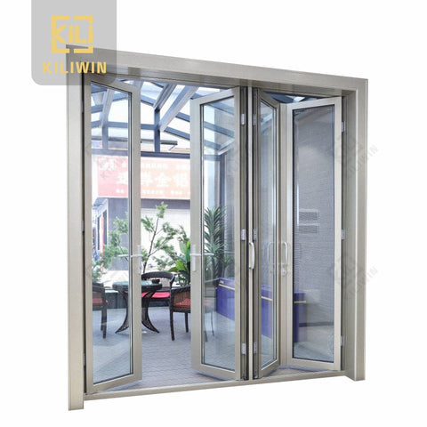 In Stock Oem residential exterior 4 panel reflective single glass anodized aluminum frame bifold door for patio on China WDMA