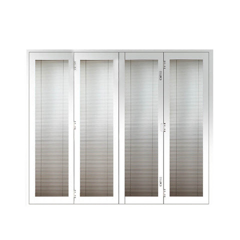Thermal break aluminum BI-folding double glazing tempered glass doors White patio door with integral blinds shutter on China WDMA