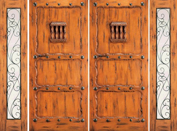 WDMA 100x80 Door (8ft4in by 6ft8in) Exterior Knotty Alder Double Door with Two Sidelights Entry 3-Panel Speakeasy [45 1
