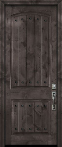 WDMA 32x96 Door (2ft8in by 8ft) Exterior Knotty Alder 96in Arch 2 Panel V-Grooved Estancia Alder Door with Clavos 2