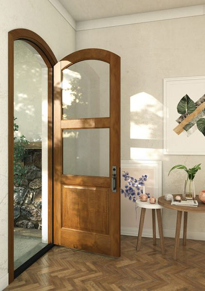 WDMA 34x78 Door (2ft10in by 6ft6in) Exterior Swing Mahogany 2 Lite Arch Top 1 Panel or Interior Single Door 1