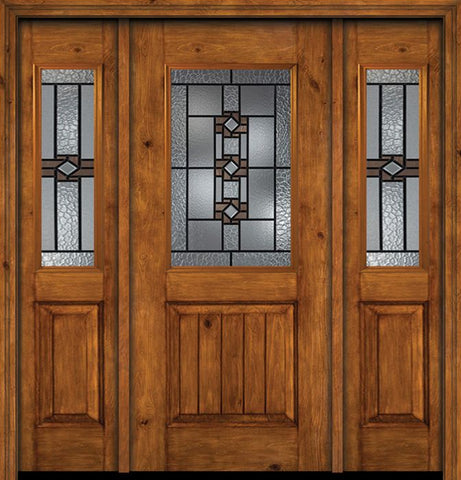 WDMA 54x80 Door (4ft6in by 6ft8in) Exterior Cherry Alder Rustic V-Grooved Panel 1/2 Lite Single Entry Door Sidelights Mission Ridge Glass 1