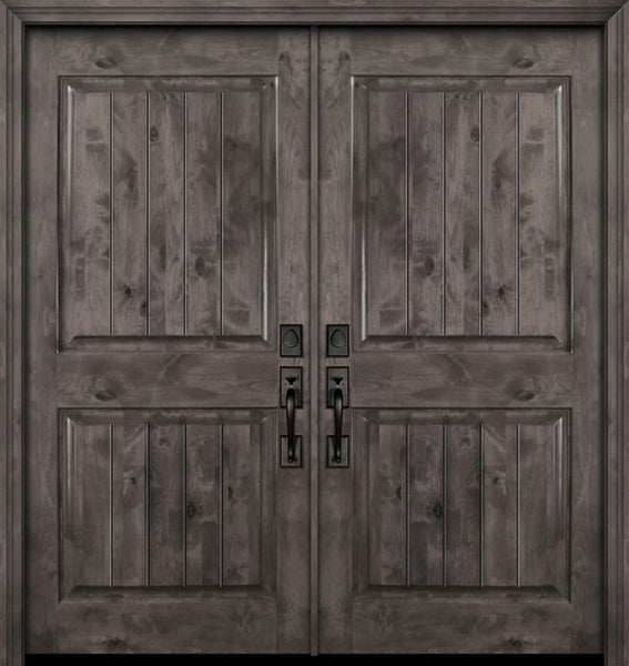 WDMA 64x80 Door (5ft4in by 6ft8in) Exterior Knotty Alder 80in Double 2 Panel Square V-Grooved Estancia Alder Door 1