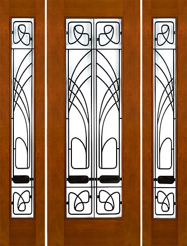 WDMA 66x96 Door (5ft6in by 8ft) Exterior Mahogany 2-1/4in Thick Art Nouveau Door Sidelights Low-E Glass Iron Work 1