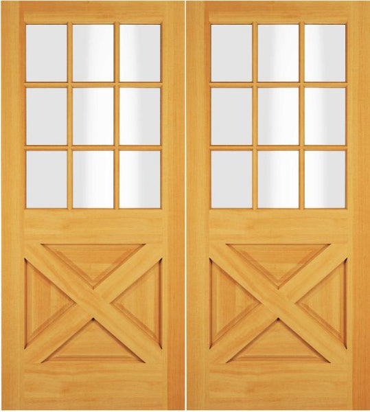 WDMA 68x78 Door (5ft8in by 6ft6in) Exterior Swing Cherry Wood 1/2 Lite 9 Lite Rustic Crossbuk Double Door 1