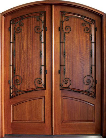 WDMA 68x78 Door (5ft8in by 6ft6in) Exterior Mahogany Aberdeen Solid Panel Double Door/Arch Top w Boneau Iron 1