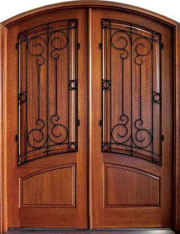 WDMA 68x78 Door (5ft8in by 6ft6in) Exterior Mahogany Aberdeen Solid Panel Double Door/Arch Top w Sherwood Iron 1