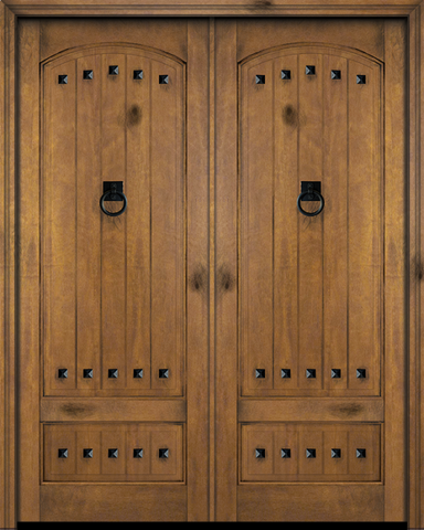 WDMA 68x78 Door (5ft8in by 6ft6in) Exterior Barn Mahogany 3/4 Arch Top Panel V-Grooved Plank or Interior Double Door with Clavos 1