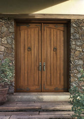 WDMA 72x84 Door (6ft by 7ft) Exterior Swing Mahogany Arch Panel Rustic V-Grooved Plank or Interior Double Door with Corner Straps / Straps 1