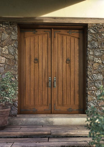 WDMA 72x96 Door (6ft by 8ft) Exterior Barn Mahogany Arch Panel Rustic V-Grooved Plank or Interior Double Door with Corner Straps / Straps 1