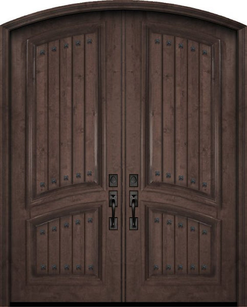 WDMA 72x96 Door (6ft by 8ft) Exterior Knotty Alder 36in x 96in Double Arch Top 2 Panel V-Grooved Estancia Alder Door with Clavos 1