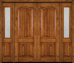 WDMA 84x96 Door (7ft by 8ft) Exterior Knotty Alder 96in Alder Rustic V-Grooved Panel Double Entry Door Sidelights Rain Glass 1