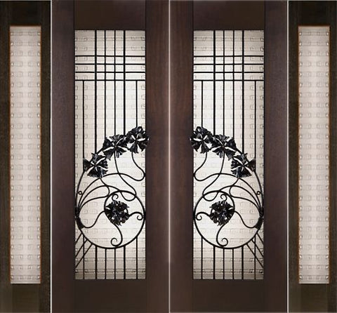 WDMA 96x96 Door (8ft by 8ft) Exterior Mahogany Double 2-1/4in Thick Art Nouveau Doors Sidelights Art Glass Iron Work 1